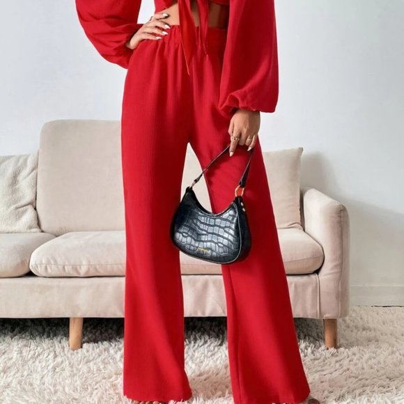 Coord Set Red Lantern long Sleeve Tie Front Crop Top & Wide Leg Pants - Picture 4 of 8